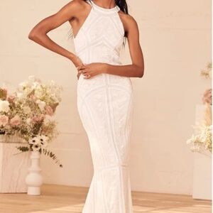 Lulu's Tell Me Everything White Beaded Sequin Halter Maxi Dress (Small) Ivory